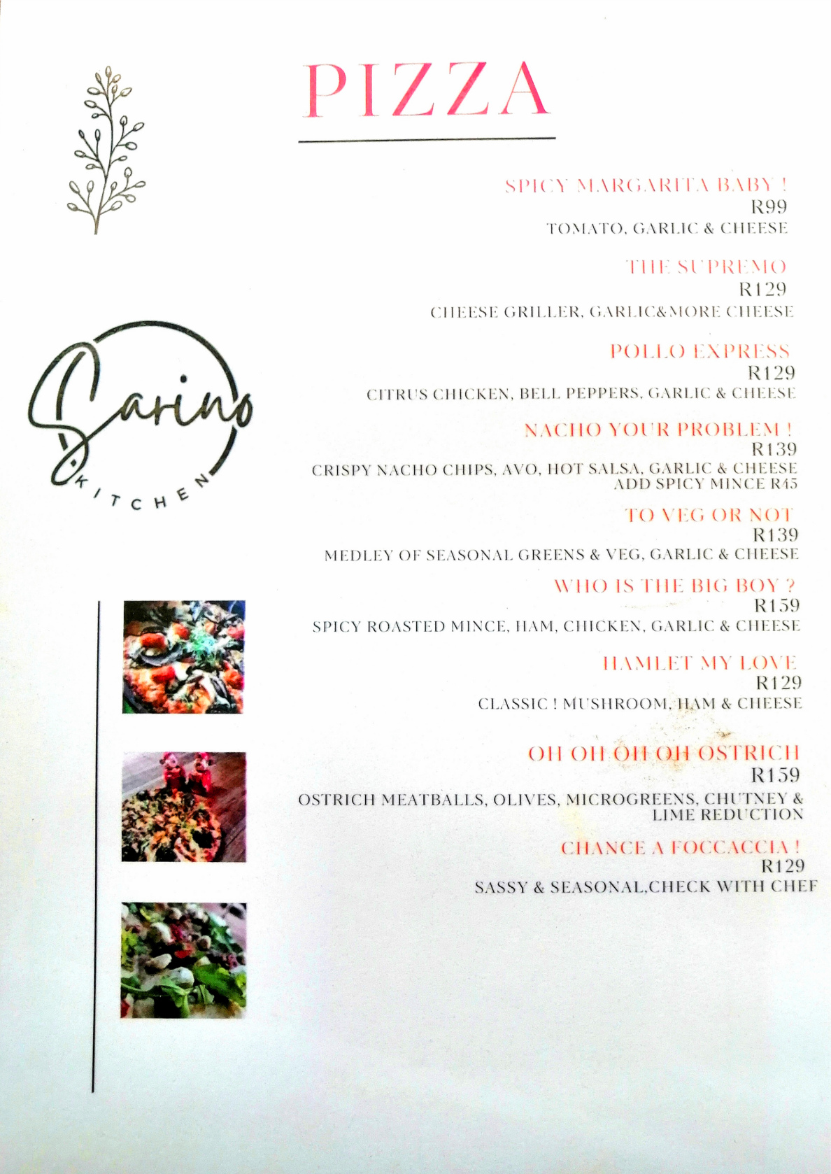 Sarino Pizza Menu Sarino Pizza Menu