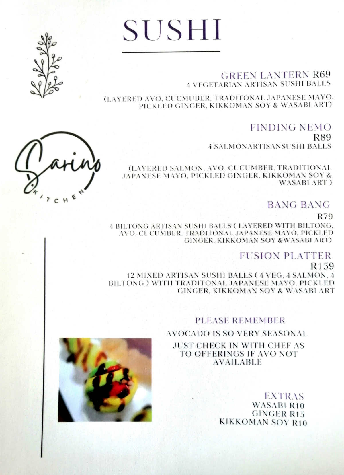 Sarino Sushi Menu What the Fig Sushi Menu
